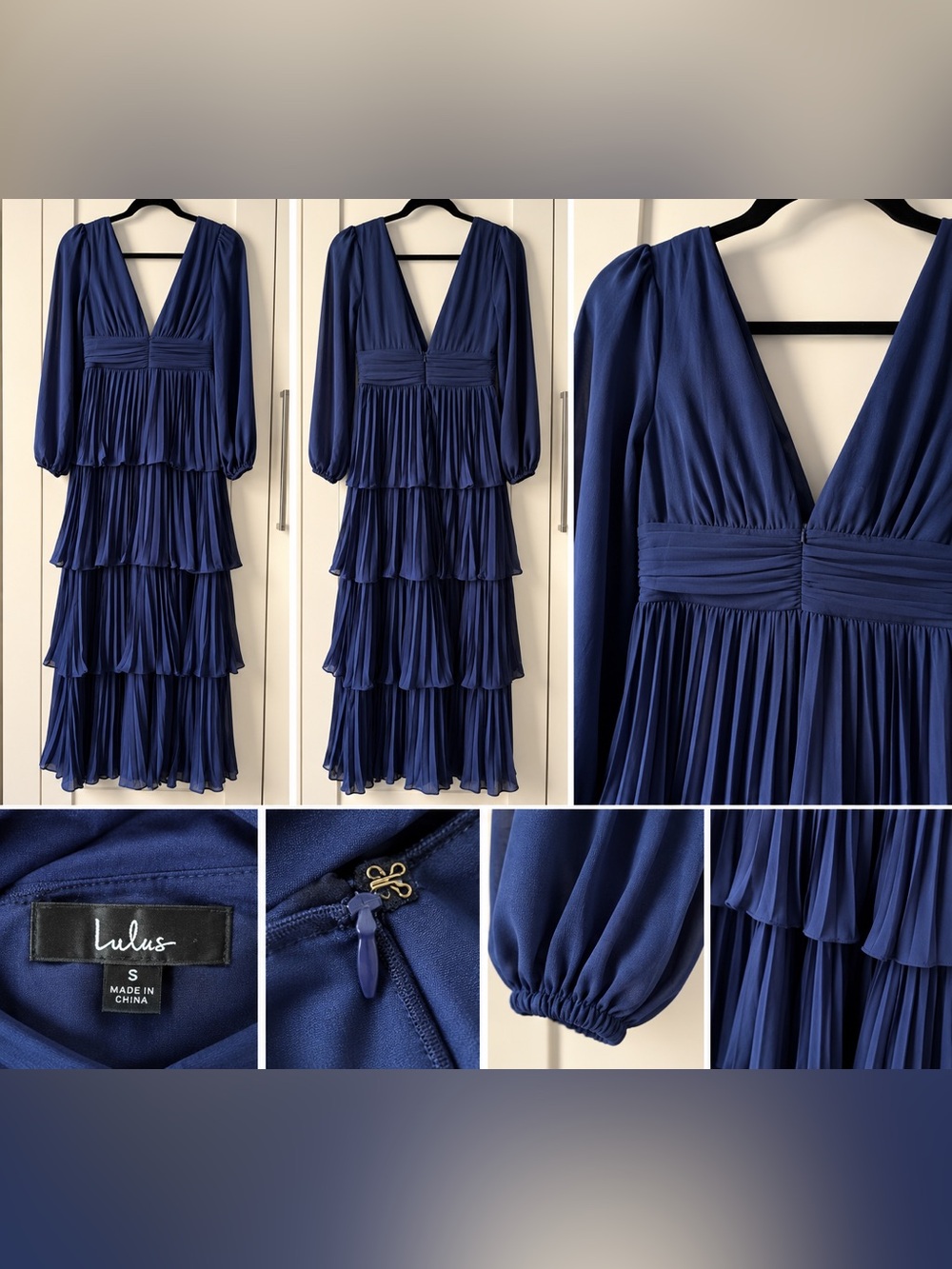 Lulus Navy Blue Pleated Tiered Long Sleeve Maxi Dress Size S